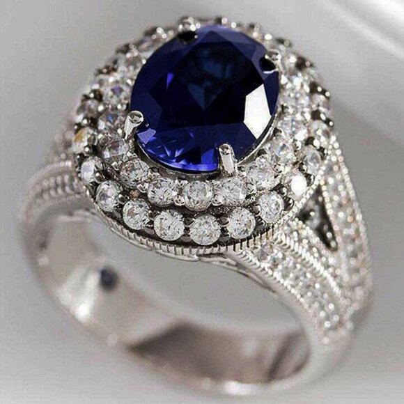 😍Silver Plated Royal Blue CZ Wedding/Engagement Ring for Women, K973 - Picture 1 of 3